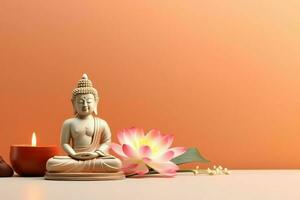 A buddha sits in in vesak buddha purnima day with copy space. Background for vesak festival day concept. Vesak celebration day greetings concept by AI Generated photo