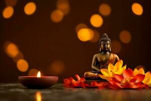 A buddha sits in in vesak buddha purnima day with copy space. Background for vesak festival day concept. Vesak celebration day greetings concept by AI Generated photo