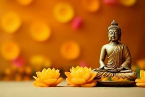 A buddha sits in in vesak buddha purnima day with copy space. Background for vesak festival day concept. Vesak celebration day greetings concept by AI Generated photo