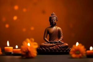 A buddha sits in in vesak buddha purnima day with copy space. Background for vesak festival day concept. Vesak celebration day greetings concept by AI Generated photo
