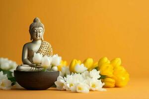 A buddha sits in in vesak buddha purnima day with copy space. Background for vesak festival day concept. Vesak celebration day greetings concept by AI Generated photo
