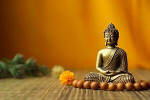 A buddha sits in in vesak buddha purnima day with copy space. Background for vesak festival day concept. Vesak celebration day greetings concept by AI Generated photo