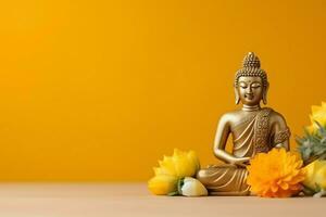 A buddha sits in in vesak buddha purnima day with copy space. Background for vesak festival day concept. Vesak celebration day greetings concept by AI Generated photo