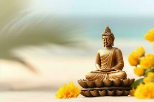 A buddha sits in in vesak buddha purnima day with copy space. Background for vesak festival day concept. Vesak celebration day greetings concept by AI Generated photo