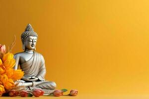 A buddha sits in in vesak buddha purnima day with copy space. Background for vesak festival day concept. Vesak celebration day greetings concept by AI Generated photo