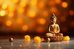 A buddha sits in in vesak buddha purnima day with copy space. Background for vesak festival day concept. Vesak celebration day greetings concept by AI Generated photo