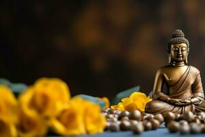 A buddha sits in in vesak buddha purnima day with copy space. Background for vesak festival day concept. Vesak celebration day greetings concept by AI Generated photo