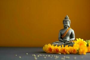 A buddha sits in in vesak buddha purnima day with copy space. Background for vesak festival day concept. Vesak celebration day greetings concept by AI Generated photo