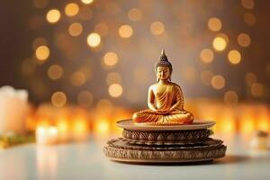A buddha sits in in vesak buddha purnima day with copy space. Background for vesak festival day concept. Vesak celebration day greetings concept by AI Generated photo
