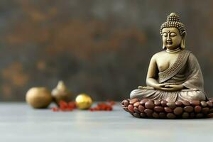 A buddha sits in in vesak buddha purnima day with copy space. Background for vesak festival day concept. Vesak celebration day greetings concept by AI Generated photo
