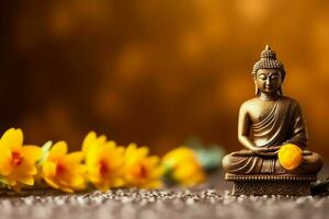 A buddha sits in in vesak buddha purnima day with copy space. Background for vesak festival day concept. Vesak celebration day greetings concept by AI Generated photo