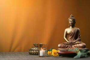 A buddha sits in in vesak buddha purnima day with copy space. Background for vesak festival day concept. Vesak celebration day greetings concept by AI Generated photo