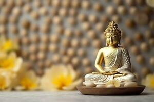 A buddha sits in in vesak buddha purnima day with copy space. Background for vesak festival day concept. Vesak celebration day greetings concept by AI Generated photo
