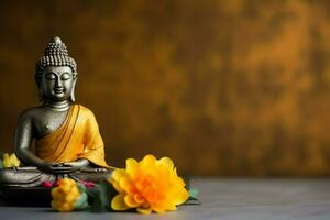 A buddha sits in in vesak buddha purnima day with copy space. Background for vesak festival day concept. Vesak celebration day greetings concept by AI Generated photo