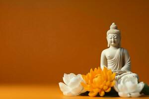 A buddha sits in in vesak buddha purnima day with copy space. Background for vesak festival day concept. Vesak celebration day greetings concept by AI Generated photo