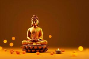A buddha sits in in vesak buddha purnima day with copy space. Background for vesak festival day concept. Vesak celebration day greetings concept by AI Generated photo