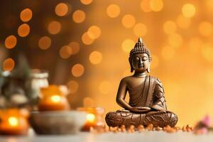 A buddha sits in in vesak buddha purnima day with copy space. Background for vesak festival day concept. Vesak celebration day greetings concept by AI Generated photo