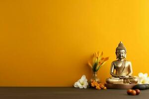 A buddha sits in in vesak buddha purnima day with copy space. Background for vesak festival day concept. Vesak celebration day greetings concept by AI Generated photo