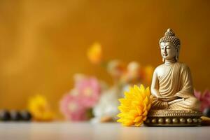 A buddha sits in in vesak buddha purnima day with copy space. Background for vesak festival day concept. Vesak celebration day greetings concept by AI Generated photo