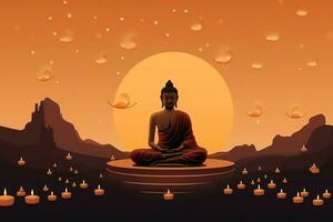 A buddha sits in in vesak buddha purnima day with copy space. Background for vesak festival day concept. Vesak celebration day greetings concept by AI Generated photo