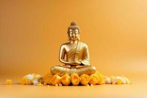 A buddha sits in in vesak buddha purnima day with copy space. Background for vesak festival day concept. Vesak celebration day greetings concept by AI Generated photo