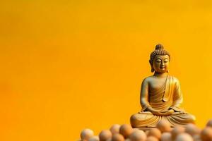 A buddha sits in in vesak buddha purnima day with copy space. Background for vesak festival day concept. Vesak celebration day greetings concept by AI Generated photo