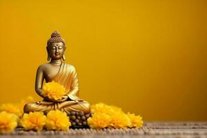 A buddha sits in in vesak buddha purnima day with copy space. Background for vesak festival day concept. Vesak celebration day greetings concept by AI Generated photo