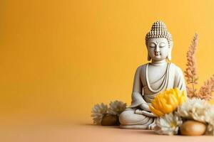 A buddha sits in in vesak buddha purnima day with copy space. Background for vesak festival day concept. Vesak celebration day greetings concept by AI Generated photo