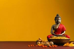 A buddha sits in in vesak buddha purnima day with copy space. Background for vesak festival day concept. Vesak celebration day greetings concept by AI Generated photo