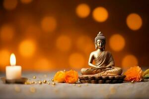 A buddha sits in in vesak buddha purnima day with copy space. Background for vesak festival day concept. Vesak celebration day greetings concept by AI Generated photo