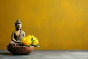 A buddha sits in in vesak buddha purnima day with copy space. Background for vesak festival day concept. Vesak celebration day greetings concept by AI Generated photo
