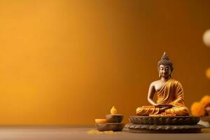 A buddha sits in in vesak buddha purnima day with copy space. Background for vesak festival day concept. Vesak celebration day greetings concept by AI Generated photo