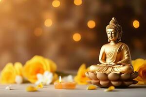 A buddha sits in in vesak buddha purnima day with copy space. Background for vesak festival day concept. Vesak celebration day greetings concept by AI Generated photo