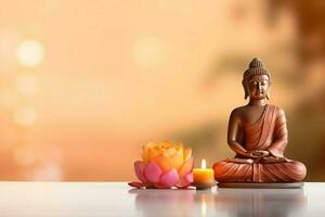 A buddha sits in in vesak buddha purnima day with copy space. Background for vesak festival day concept. Vesak celebration day greetings concept by AI Generated photo