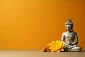 A buddha sits in in vesak buddha purnima day with copy space. Background for vesak festival day concept. Vesak celebration day greetings concept by AI Generated photo