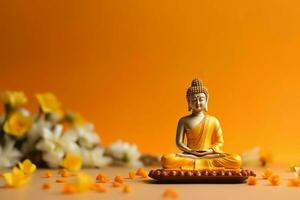 A buddha sits in in vesak buddha purnima day with copy space. Background for vesak festival day concept. Vesak celebration day greetings concept by AI Generated photo