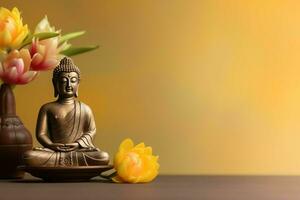 A buddha sits in in vesak buddha purnima day with copy space. Background for vesak festival day concept. Vesak celebration day greetings concept by AI Generated photo