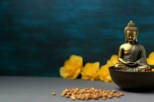 A buddha sits in in vesak buddha purnima day with copy space. Background for vesak festival day concept. Vesak celebration day greetings concept by AI Generated photo