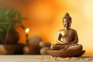 A buddha sits in in vesak buddha purnima day with copy space. Background for vesak festival day concept. Vesak celebration day greetings concept by AI Generated photo