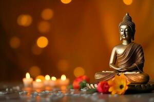 A buddha sits in in vesak buddha purnima day with copy space. Background for vesak festival day concept. Vesak celebration day greetings concept by AI Generated photo