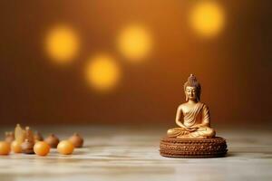 A buddha sits in in vesak buddha purnima day with copy space. Background for vesak festival day concept. Vesak celebration day greetings concept by AI Generated photo