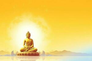 A buddha sits in in vesak buddha purnima day with copy space. Background for vesak festival day concept. Vesak celebration day greetings concept by AI Generated photo