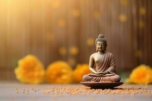 A buddha sits in in vesak buddha purnima day with copy space. Background for vesak festival day concept. Vesak celebration day greetings concept by AI Generated photo