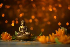 A buddha sits in in vesak buddha purnima day with copy space. Background for vesak festival day concept. Vesak celebration day greetings concept by AI Generated photo