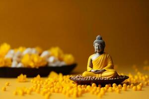 A buddha sits in in vesak buddha purnima day with copy space. Background for vesak festival day concept. Vesak celebration day greetings concept by AI Generated photo