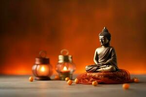 A buddha sits in in vesak buddha purnima day with copy space. Background for vesak festival day concept. Vesak celebration day greetings concept by AI Generated photo