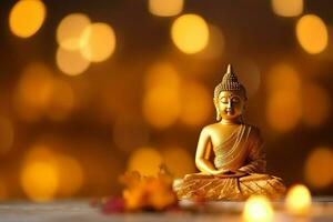 A buddha sits in in vesak buddha purnima day with copy space. Background for vesak festival day concept. Vesak celebration day greetings concept by AI Generated photo