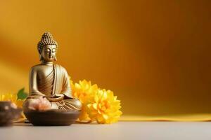 A buddha sits in in vesak buddha purnima day with copy space. Background for vesak festival day concept. Vesak celebration day greetings concept by AI Generated photo