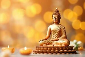 A buddha sits in in vesak buddha purnima day with copy space. Background for vesak festival day concept. Vesak celebration day greetings concept by AI Generated photo