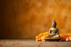 A buddha sits in in vesak buddha purnima day with copy space. Background for vesak festival day concept. Vesak celebration day greetings concept by AI Generated photo